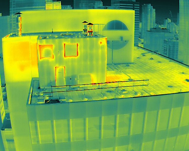 Drone thermal image of a roof assembly and mechanical penthouse